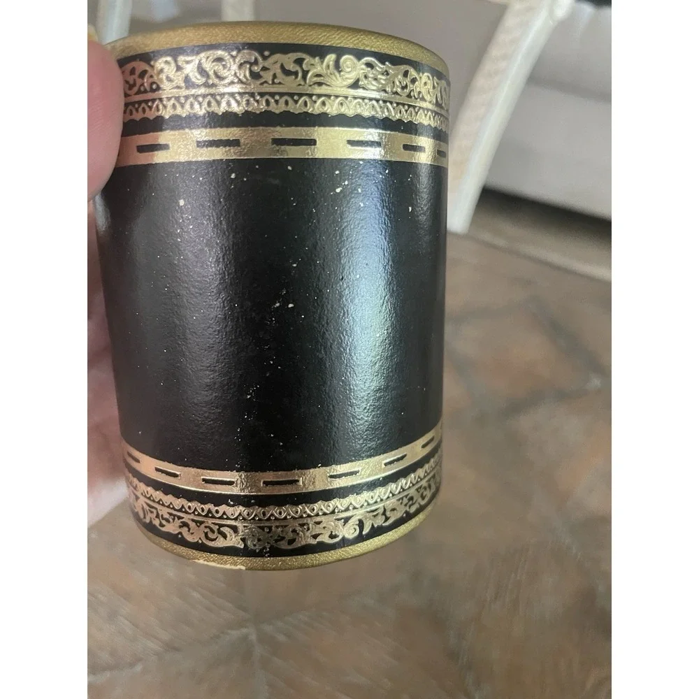 Vtg MCM Black Faux Leather Embossed Gold Gilt Pen Pencil Holder Desk Accessory
